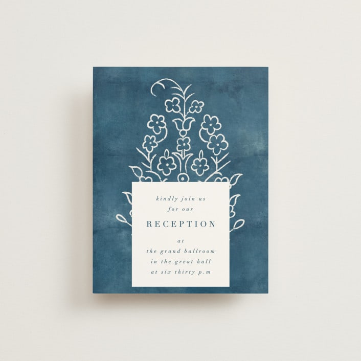 "Kantha Quilt" - Reception Cards in Indigo by Nazia Hyder - Front