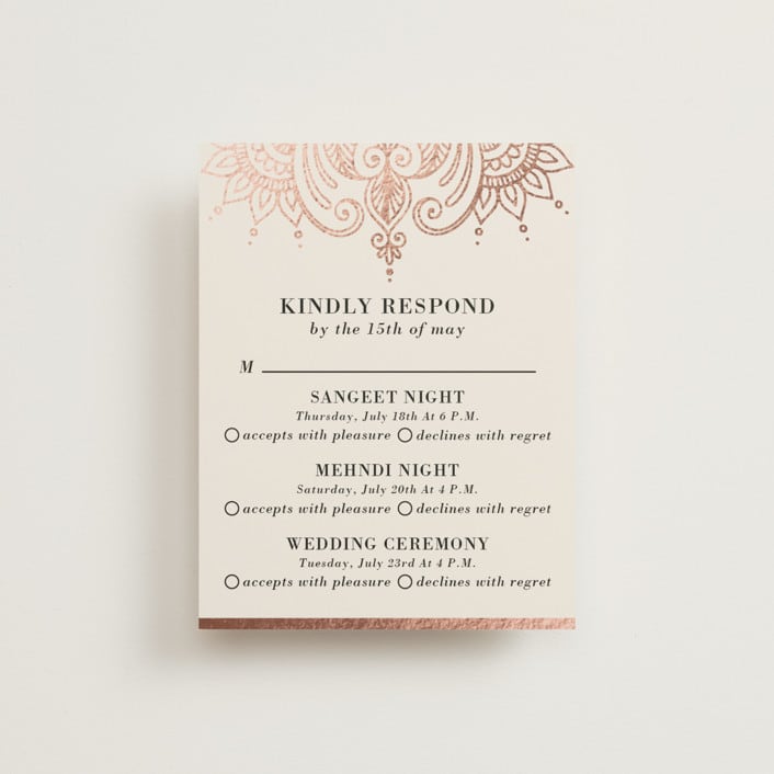 "Regal Mehndi" - Foil-Pressed Multi-Event RSVP Cards in Champagne Rose by Oma N. Ramkhelawan - Front