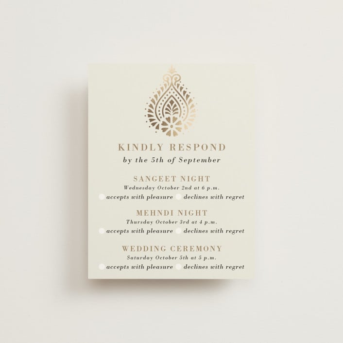 "Henna Stamp" - Foil-Pressed Multi-Event RSVP Cards in Champagne by Oma N. Ramkhelawan - Front