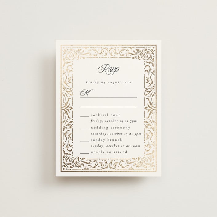 "Regency Grace" - Foil-Pressed Multi-Event RSVP Cards in Onyx by Ana de Sousa - Front