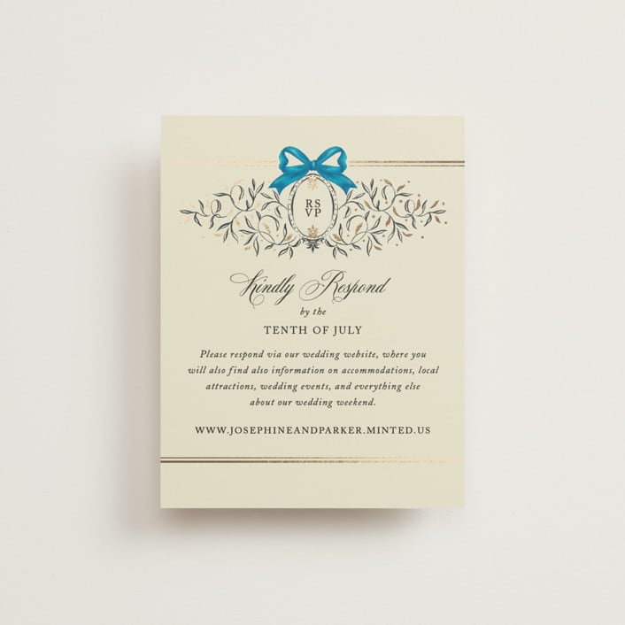 "Josephine" - Foil-Pressed RSVP Online Enclosure Cards in Marine by Jackie Crawford - Front