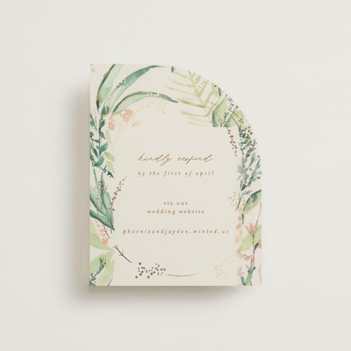 "fresh tropical" - Foil-Pressed RSVP Online Enclosure Cards in Greenery by Phrosné Barwood - Front