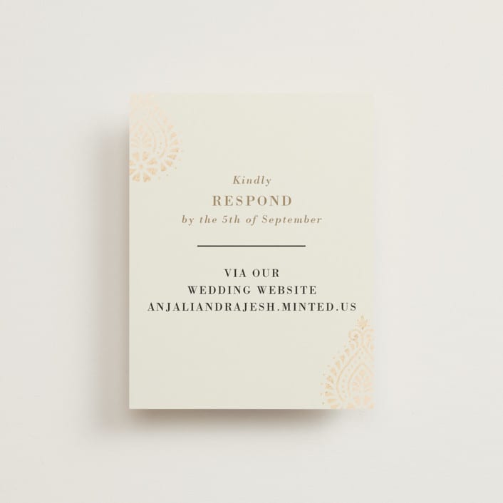 "Henna Stamp" - Foil-Pressed RSVP Online Enclosure Cards in Champagne by Oma N. Ramkhelawan - Front
