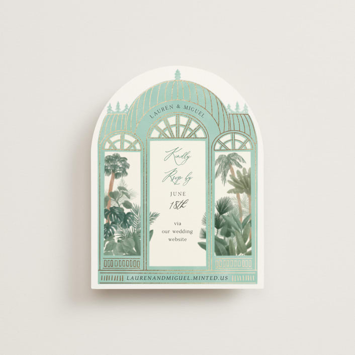"The Greenhouse" - Foil-Pressed RSVP Online Enclosure Cards in Seagreen by Elly - Front