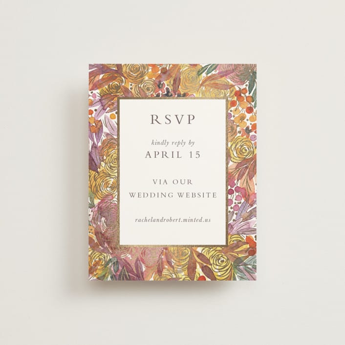 "Autumn flowers" - Foil-Pressed RSVP Online Enclosure Cards in Amber by Alexandra Dzh - Front