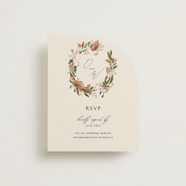 "Delicate" - Foil-Pressed RSVP Online Enclosure Cards in Terracotta by Susan Moyal - Front