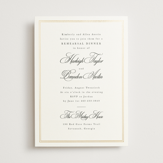 "Traditionalist" - Rehearsal Dinner Invitations in Snow by Sarah Brown - Front