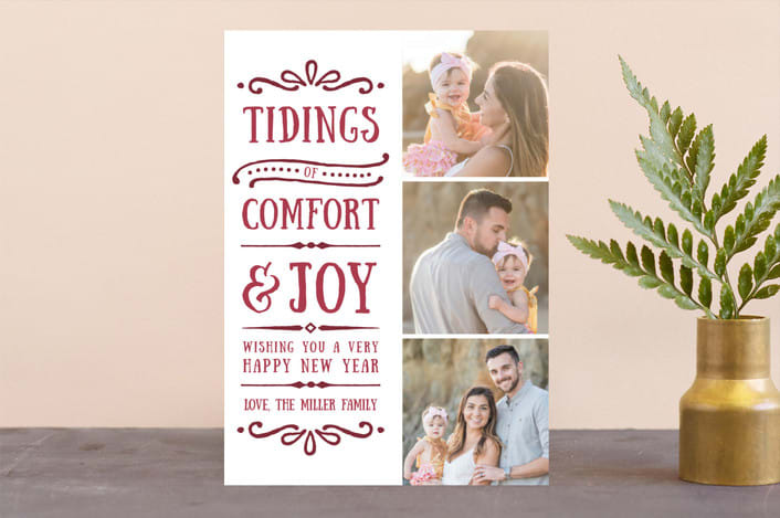 "Comfort + Joy" - Retired Holiday Cards in Wine by Olivia Goree - Front