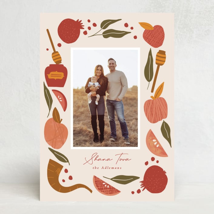 "Plentiful Border" - Rosh Hashanah Cards in Pomegranate by Corinne Malesic - Front