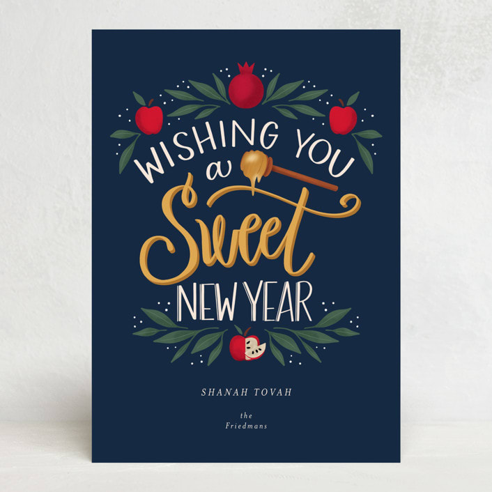 "Sweet New Year" - Rosh Hashanah Cards in Navy by Cindy Reynolds - Front