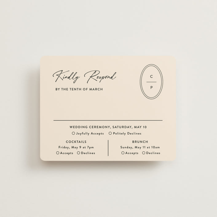 "Script and Monogram" - Multi-Event RSVP Cards in Sand by Carolyn MacLaren - Front