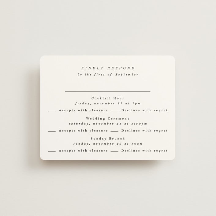 "traditional love story" - Multi-Event RSVP Cards in Black Tie by Phrosné Barwood - Front