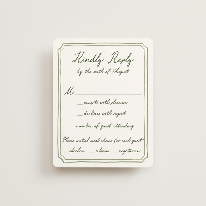"Handwritten" - RSVP Cards in Moss by Cass Loh - Front