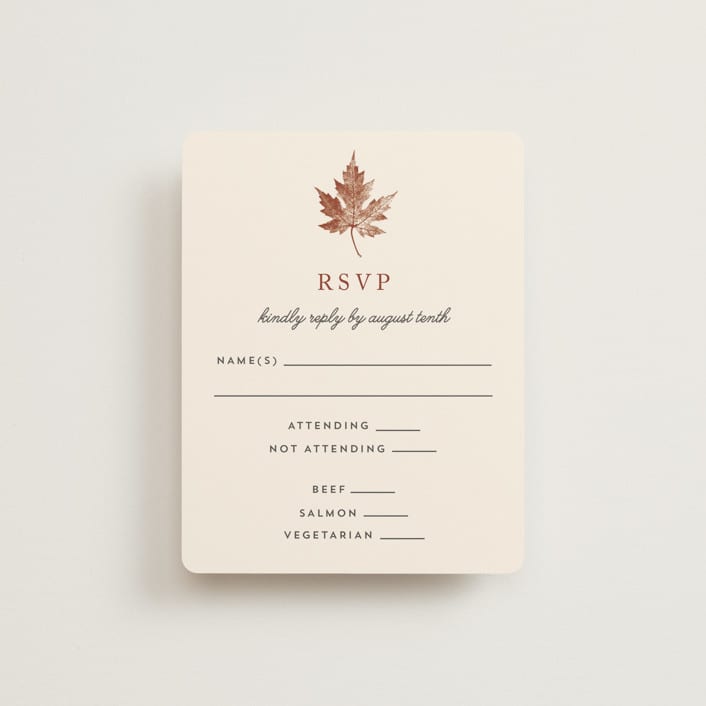 "Leaf Print" - RSVP Cards in Rust by Katharine Watson - Front