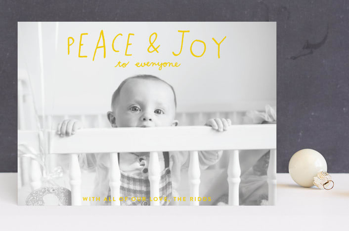 "Hand Lettered Peace and Joy" - Retired Holiday Cards in Canary by Half Pint Studio - Front