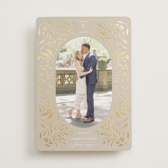 "Golden Botanical Frame" - Save the Dates in Biscotti by Susan Zinader - Front