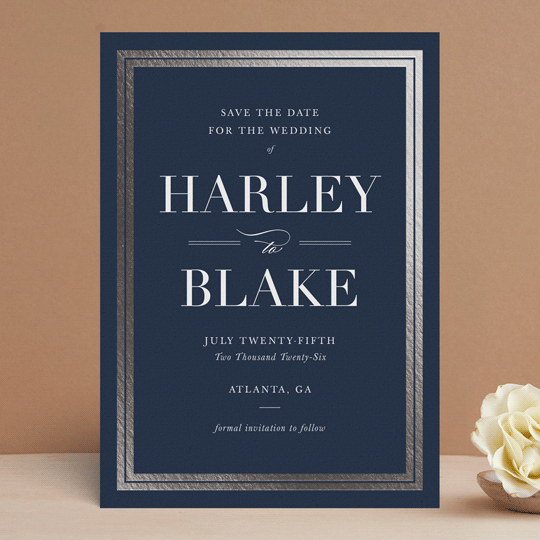 "Gilded Frame" - Save the Dates in Navy by Stacey Meacham - Front