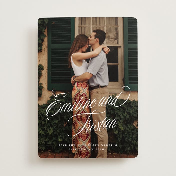 "Sentimental Script" - Save the Dates in Cotton by Susan Zinader - Front