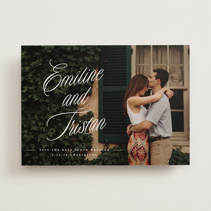"Sentimental Script" - Save the Dates in Cotton by Susan Zinader - Front