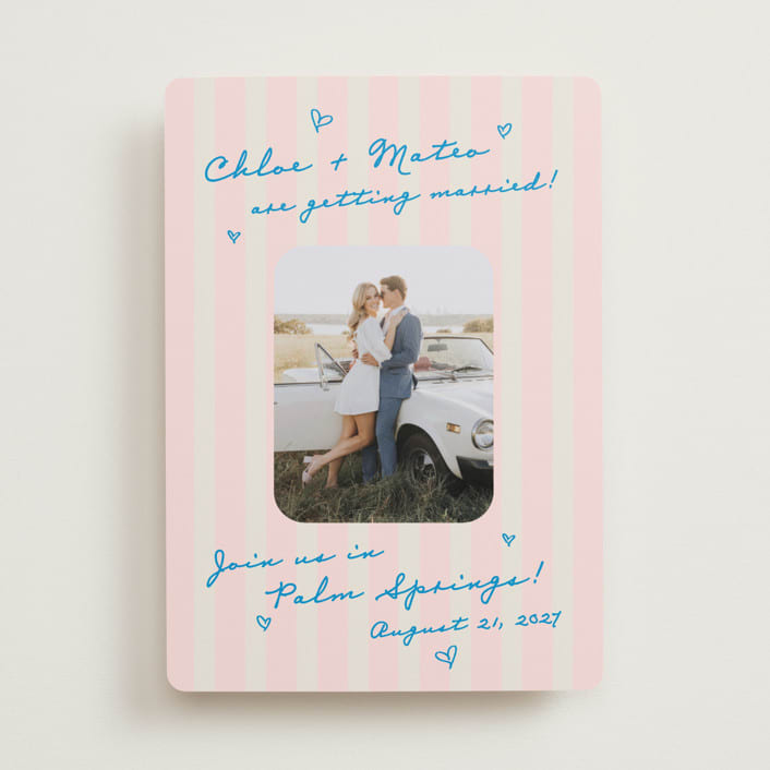 "The Right Stripes" - Save the Dates in Pink Grapefruit by Jackie Crawford - Front