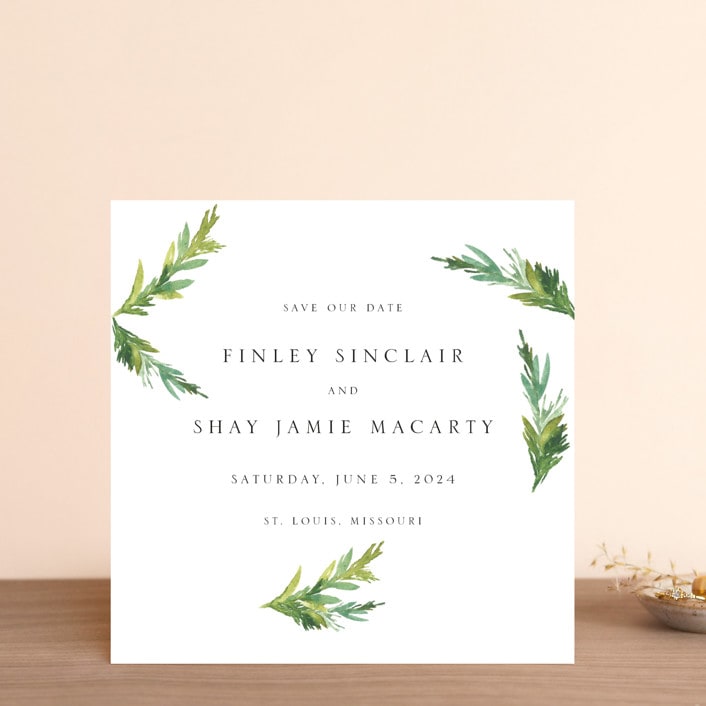 "Simple Pine Branches" - Save the Dates in Vanilla by Mere Paper - Front