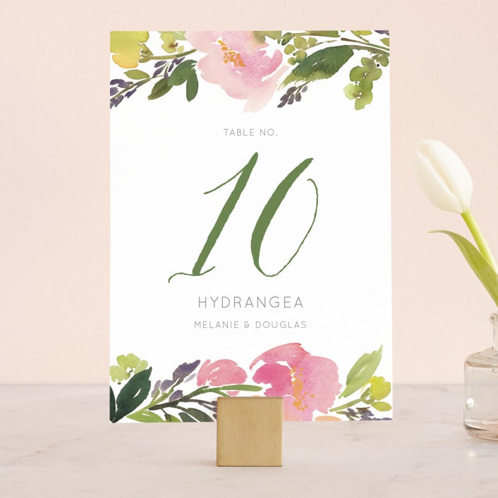 "Watercolor Floral" - Table Numbers in Olive by Yao Cheng Design - Front