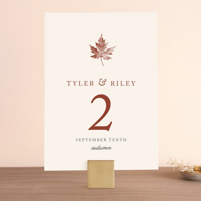 "Leaf Print" - Table Numbers in Rust by Katharine Watson - Front