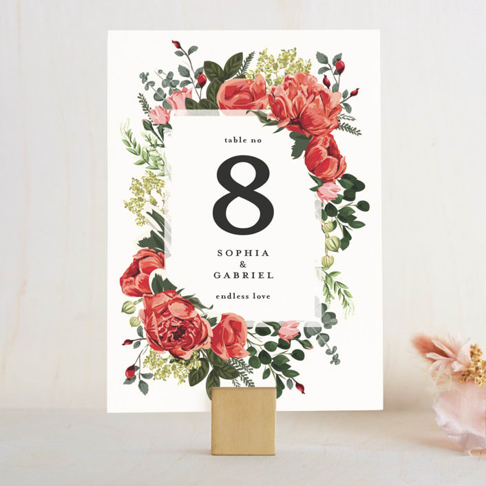 "Peonies Forever" - Table Numbers in Coral by Susan Moyal - Front