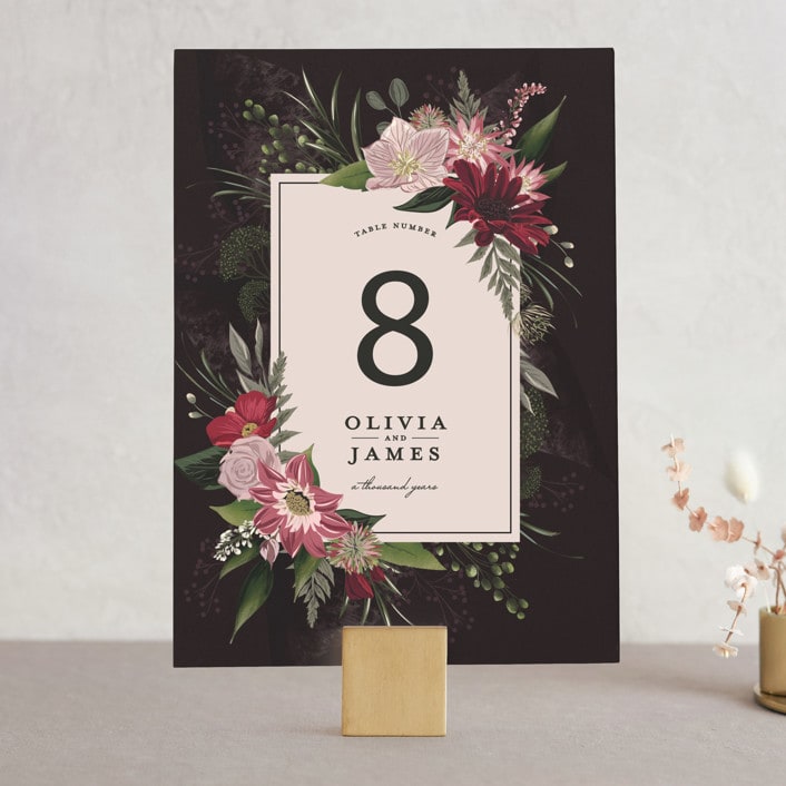 "Midnight Botanicals" - Table Numbers in Cranberry by Susan Moyal - Front