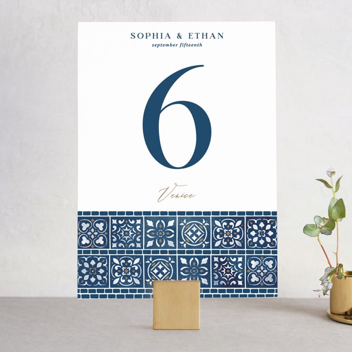 "Mediterranean Tiles" - Table Numbers in Ocean by GeekInk Design - Front