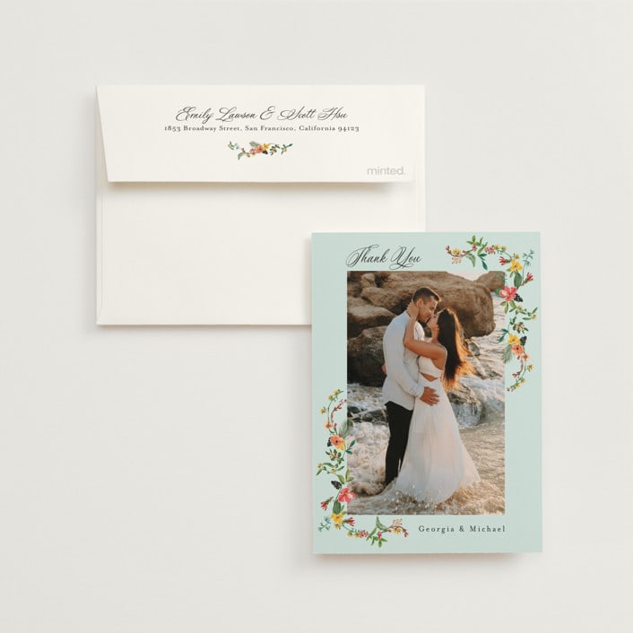 "Tropical Crest" - Wedding Thank You Cards in Papaya by Susan Moyal - Front
