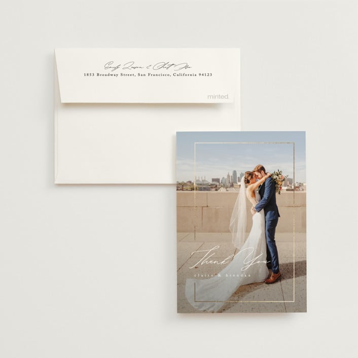 "Gilded Border" - Wedding Thank You Cards in Silk by Kelly Schmidt - Front