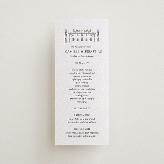 "Villa Balbiano" - Letterpress Long Programs in Graphite by Melinda Denison - Front