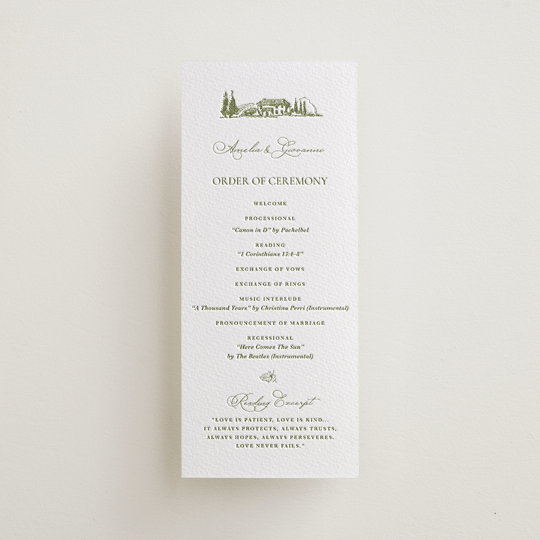 "Vineyard Elegance" - Letterpress Long Programs in Pistachio by Lucrecia Caporale - Front
