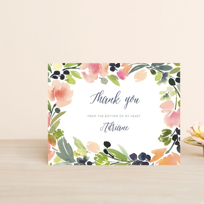 "Watercolor Wreath" - Wedding Thank You Postcards in Grapefruit by Yao Cheng Design - Front