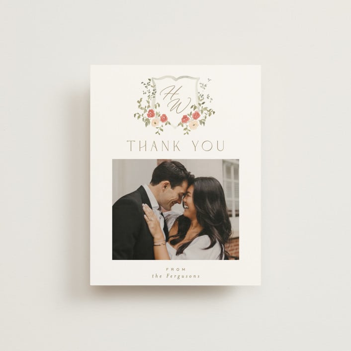 "Roses Crest" - Wedding Thank You Postcards in Pomegranate by Everett Paper Goods - Front