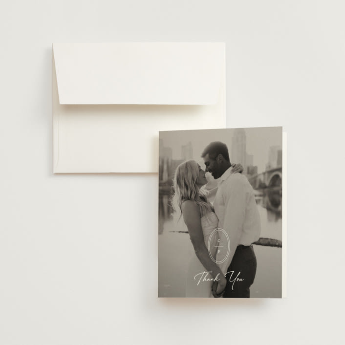 "Script and Monogram" - Wedding Thank You Cards in Sand by Carolyn MacLaren - Front