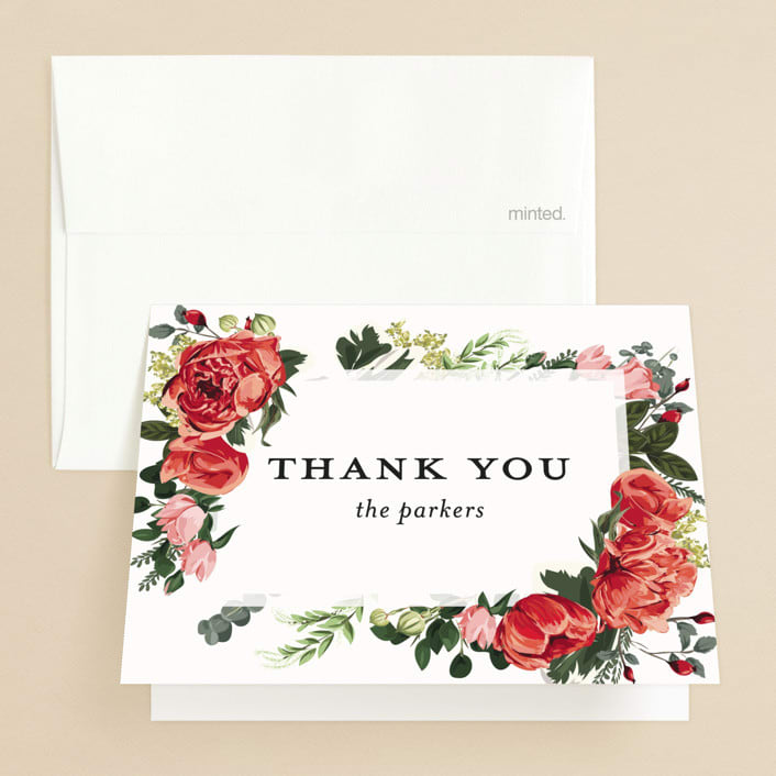 "Peonies Forever" - Wedding Thank You Cards in Coral by Susan Moyal - Front