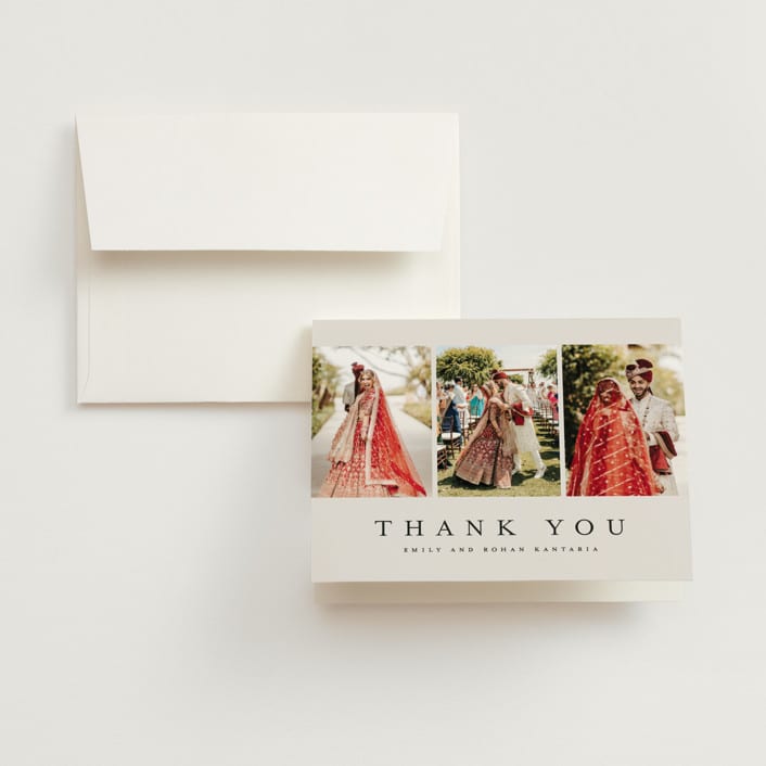 "Elegant Trio" - Wedding Thank You Cards in Sand by Nicole Walsh - Front