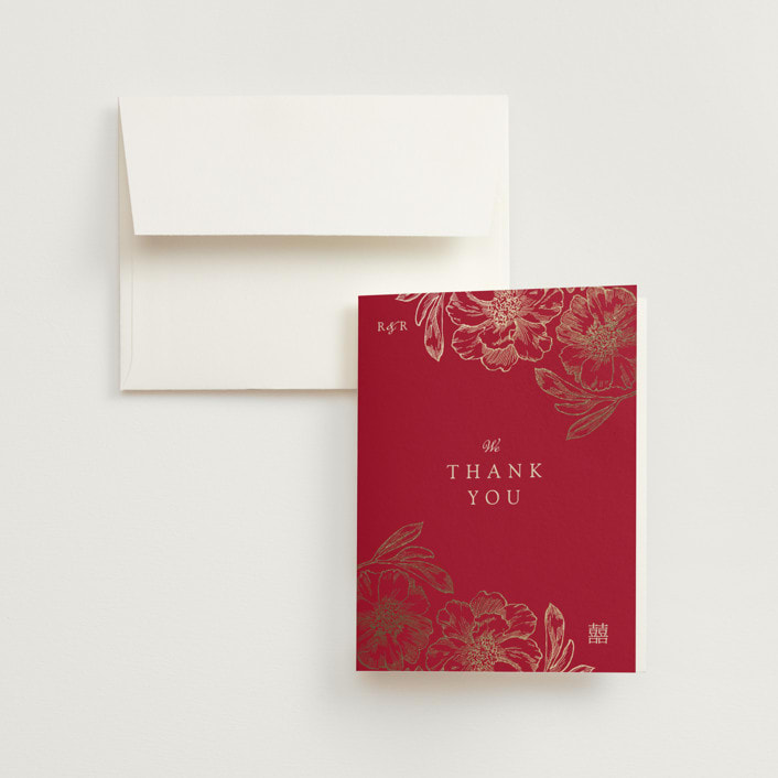 "Double Peony" - Wedding Thank You Cards in Ruby by Janean Hinger - Front
