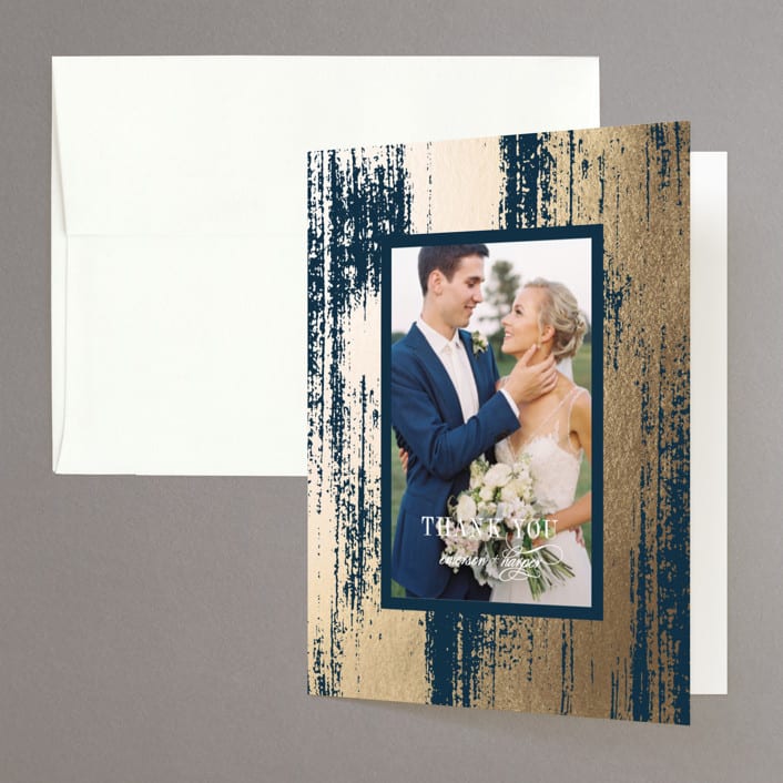 "Gold Leaf" - Wedding Thank You Cards in Indigo by Kelly Schmidt - Front