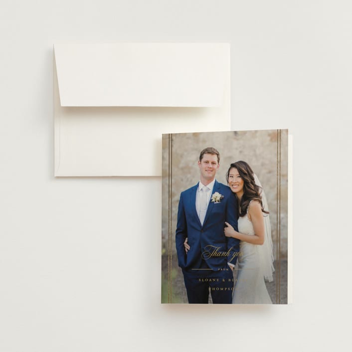 "Scripted Striped" - Wedding Thank You Cards in Silk by Carolyn MacLaren - Front