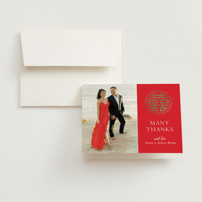 "HAPPINESS x 2" - Wedding Thank You Cards in Ruby by Melanie Kosuge - Front