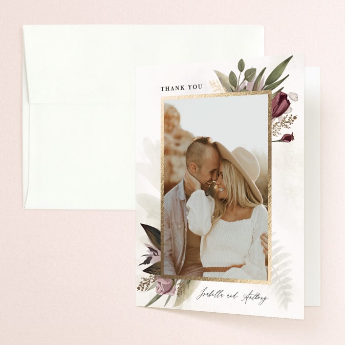 "Roses & Greenery" - Wedding Thank You Cards in Aubergine by Susan Moyal - Front