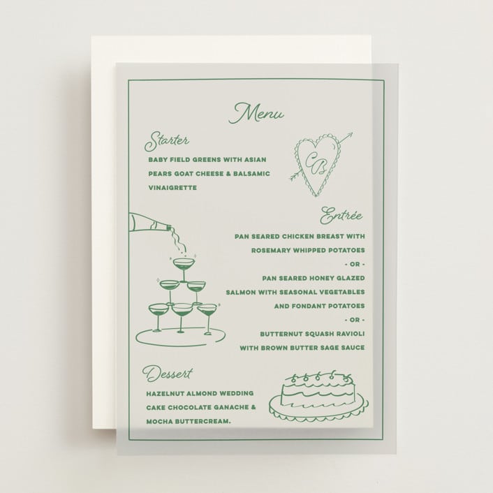 "Crazy Little Thing Called Love" - Vellum Menus in Avocado by Helena Vitto - Front