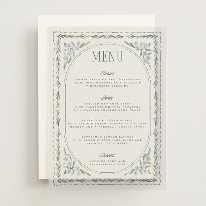 "Vintage Sketched" - Vellum Menus in Wisteria by Jenna Holcomb - Front