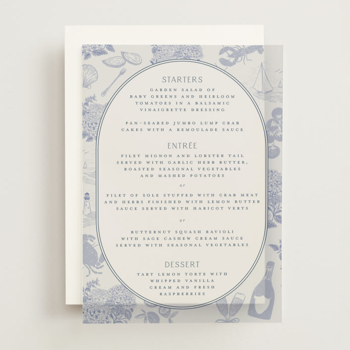 "Coastal Toile" - Vellum Menus in Periwinkle by Jenna Holcomb - Front