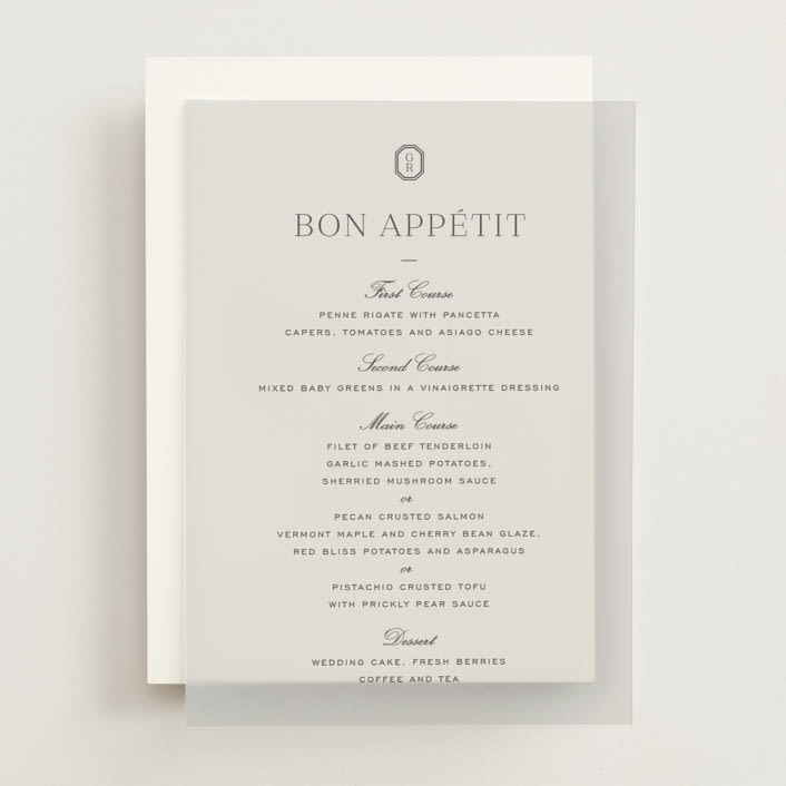 "Upper East" - Vellum Menus in Charcoal by Megan Davis - Front