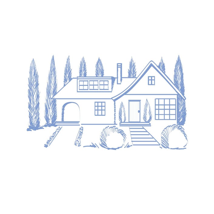 "Custom Line Drawing Venue" - Commissioned Design Element in blue by Teju Reval