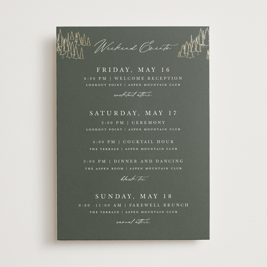 "Peaks" - Wedding Weekend Itinerary Cards in Hunter by Sarah Brown - Front